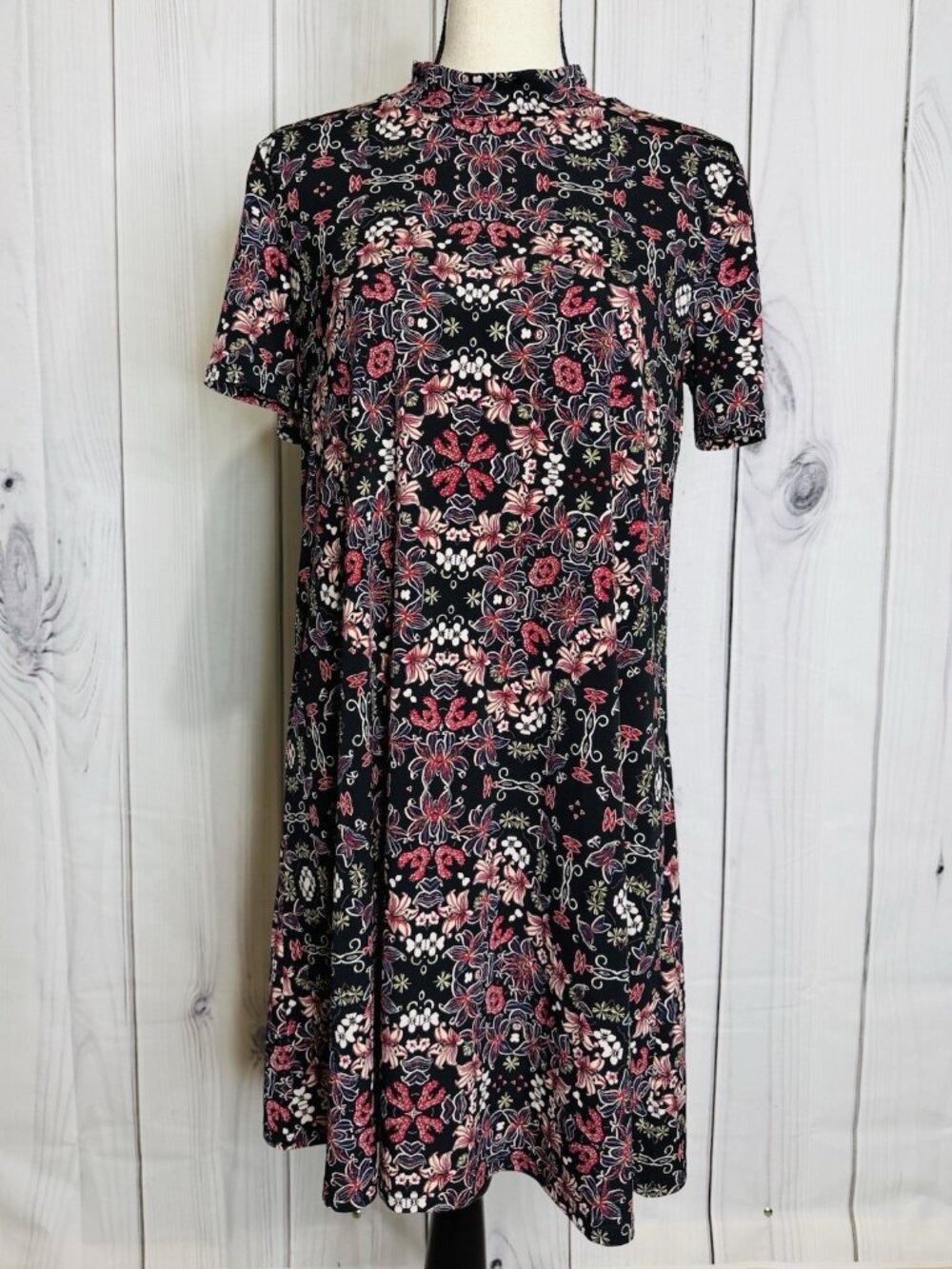 BCBGeneration Womens Size L Floral Short Sleeve A-Line Dress Mock Neck